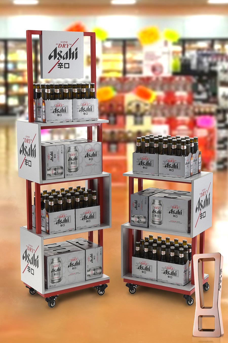 In-store display of Asahi beer on wheeled racks with bottles and cardboard packs, set in a bright supermarket aisle.
