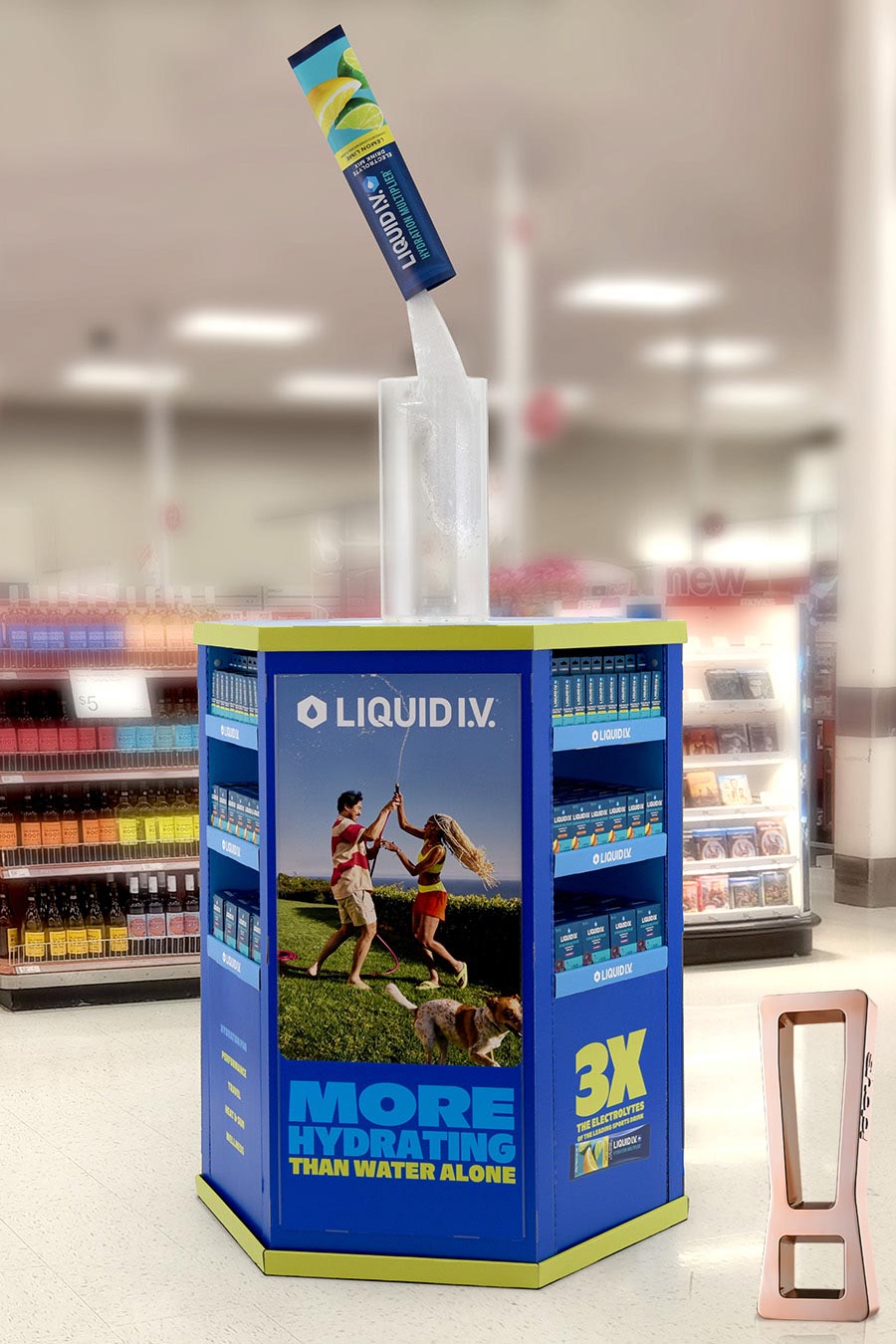 Liquid I.V. promotional display in a store with bright blue panels, shelves of product boxes, and a large straw on top.