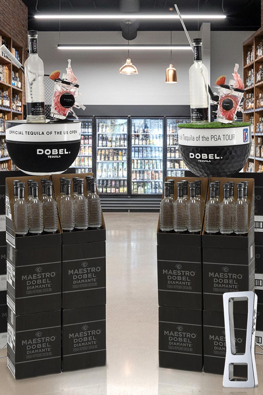 Promotional Dobel Tequila display with oversized bottles and PGA TOUR branding in a liquor store.